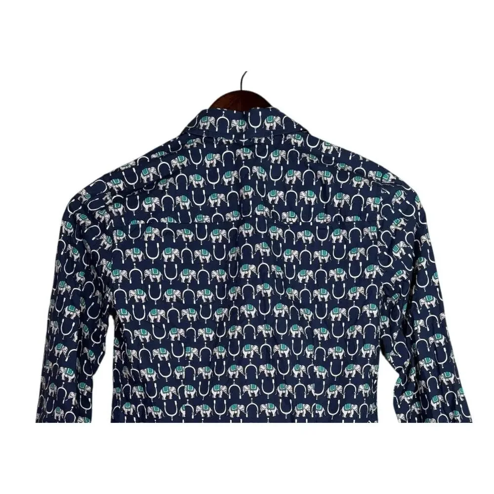 J. Crew Long Sleeve Perfect Fit Novelty Print Elephants Shirt 00 Navy Blue White